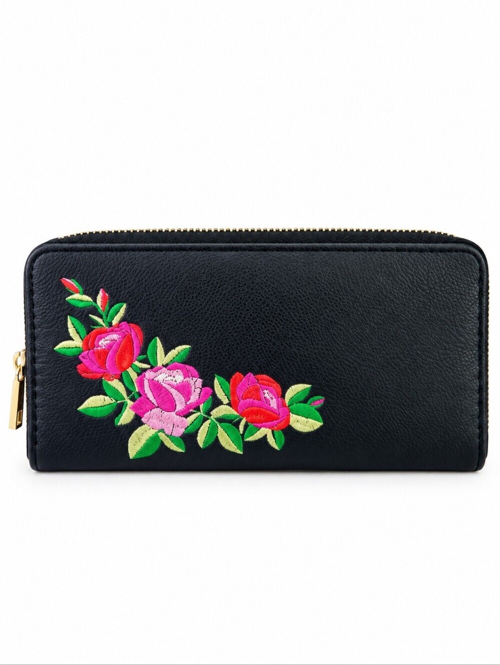Floral Embroidered Black Vegan Leather Zip Around Wallet